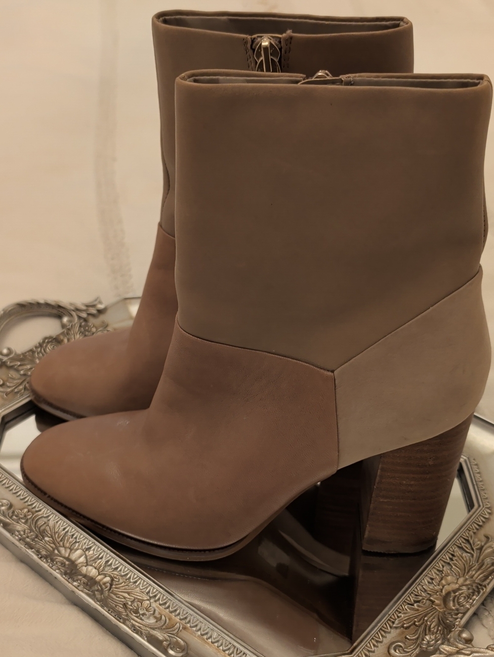 Aldo Taupe Two-Tone Block Heel Ankle Boots
